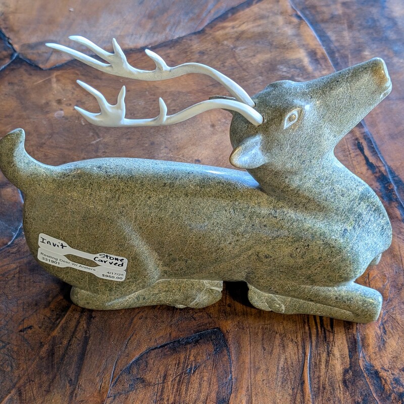 Carved Stone Resting Deer W/ Antlers
Inuit Sculpture
9w  x  2d  x  8h