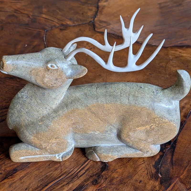 Carved Stone Resting Deer W/ Antlers
Inuit Sculpture
9w  x  2d  x  8h