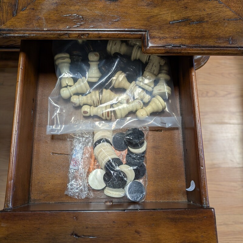 Theodore Alexander Game Table<br />
Slide Out and Drawers<br />
Game Pieces included<br />
48 x 32