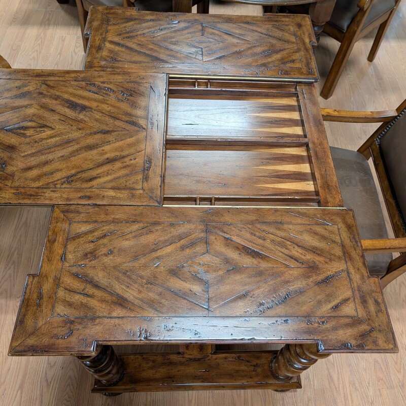 Theodore Alexander Game Table<br />
Slide Out and Drawers<br />
Game Pieces included<br />
48 x 32