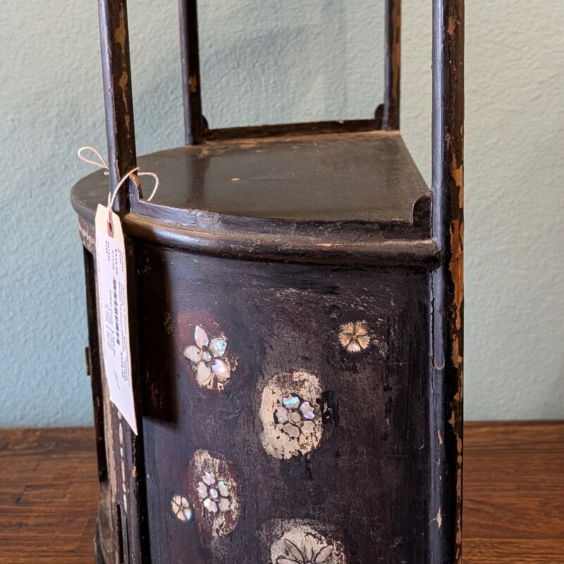 Mother Of Pearl Antique Chinese Cabinet, Semi Circle<br />
Black<br />
17w x 9.5d x 18.5h