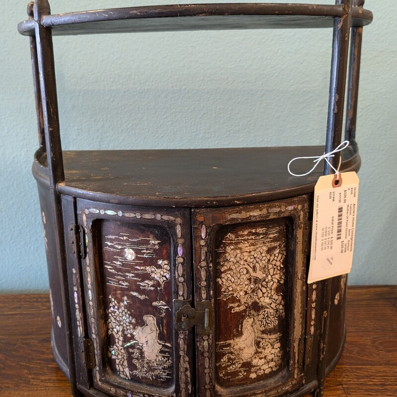 Mother Of Pearl Antique Chinese Cabinet, Semi Circle<br />
Black<br />
17w x 9.5d x 18.5h