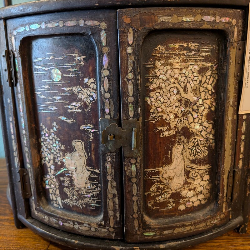 Mother Of Pearl Antique Chinese Cabinet, Semi Circle<br />
Black<br />
17w x 9.5d x 18.5h