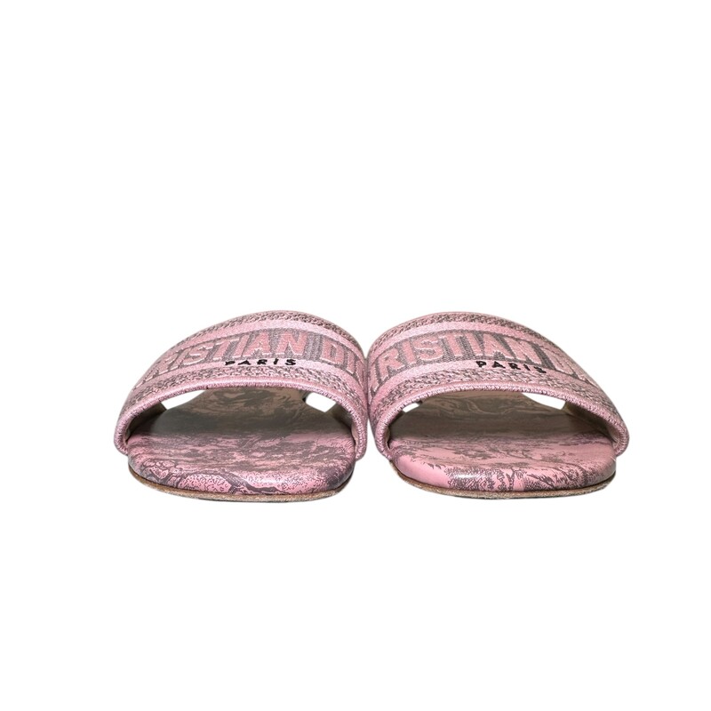 Dior D Way Embrioder Logo Pink & Gray Slides<br />
<br />
Size 38.5<br />
<br />
Style Code: NE 03 23<br />
<br />
In very good condition. Some wear on bottoms.<br />
<br />
Does not come with original dust bag or box.