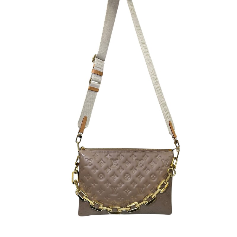 Louis Vuitton Coussin Taupe MM<br />
<br />
Date Code: Microchip<br />
<br />
Dimensions:13.4 x 9.4 x 4.7 inches<br />
                         (Length x Height x Width)<br />
<br />
In excellent condition.Very faint scratches on hardware.<br />
<br />
Does not come with original dust bag or box.
