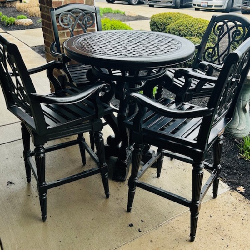 Tommy Bahama 5pc Kingstown Patio Bar Set
Black Iron Table+Chairs - 3 Orange+1 Green Cushion
Table Size: 38x42H
4 Chairs Size: 25x22x48H
5Pc Set
Retail $9800