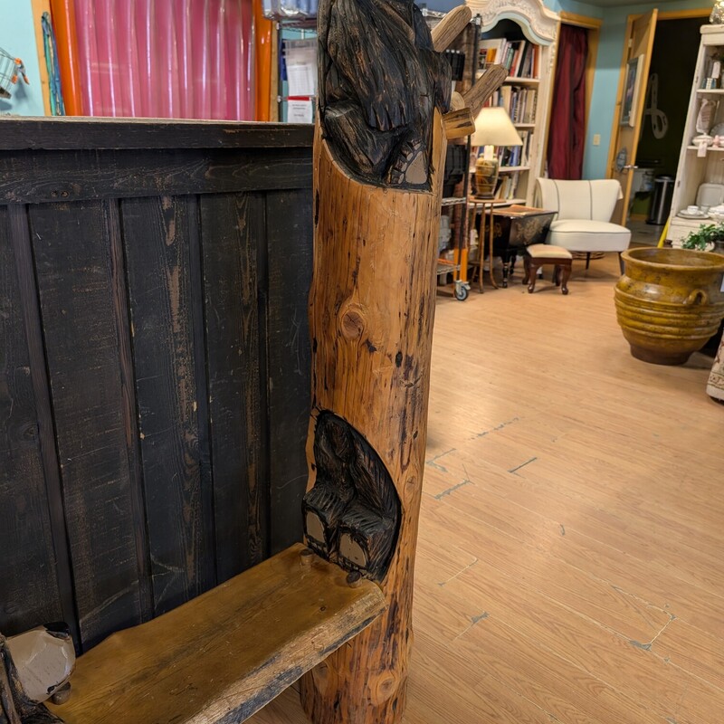Chainsaw Bear Bench, Cute!<br />
40w + 9in with Hooks<br />
13d x 65h<br />
Seat 22w