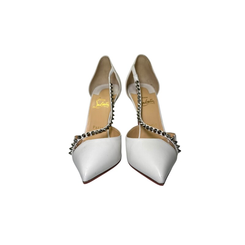 Christian Louboutin Criss Cross Spike Heels<br />
<br />
 Size: 39<br />
<br />
Heel Height: 4.5<br />
<br />
Does not come with original dust bag or box.<br />
<br />
In very condition: some light surface straches.