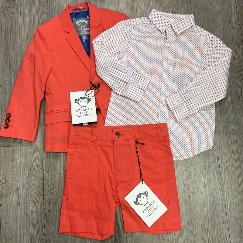 Appaman Fine Tailoring Linen 3 Pcs Shorts Suit, Coral Suit, White Shirt with Blue/Coral Anchors, Size: 6Y