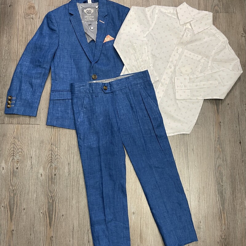 Appaman Fine Tailoring Linen 3 Pcs Suit, Blue Suit, White Shirt with Blue/Orange Ships, Size: 6Y