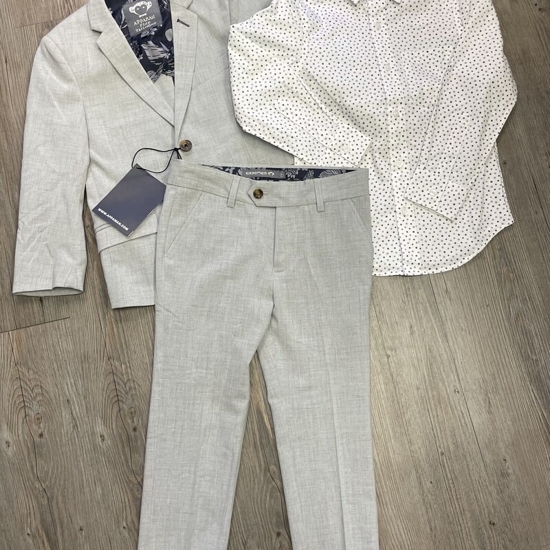Appaman Fine Tailoring 3 Pcs Suit, Grey Suit, White Shirt with Navy Paw Prints, Size: 6Y