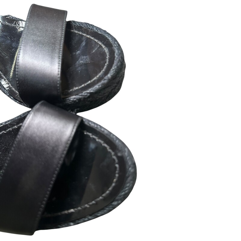 Black Christian Louboutin Chocazeppa  Wedges<br />
<br />
Size 39<br />
<br />
Spikes 120 Espadrilles<br />
<br />
Black Leather<br />
Studded Accents, Jute & Rubber Trim<br />
Multistrap & Buckle Closure at Ankles<br />
<br />
In good condition. Some wear on bottoms and on toe in soles.<br />
<br />
Comes with original dust bags and box.