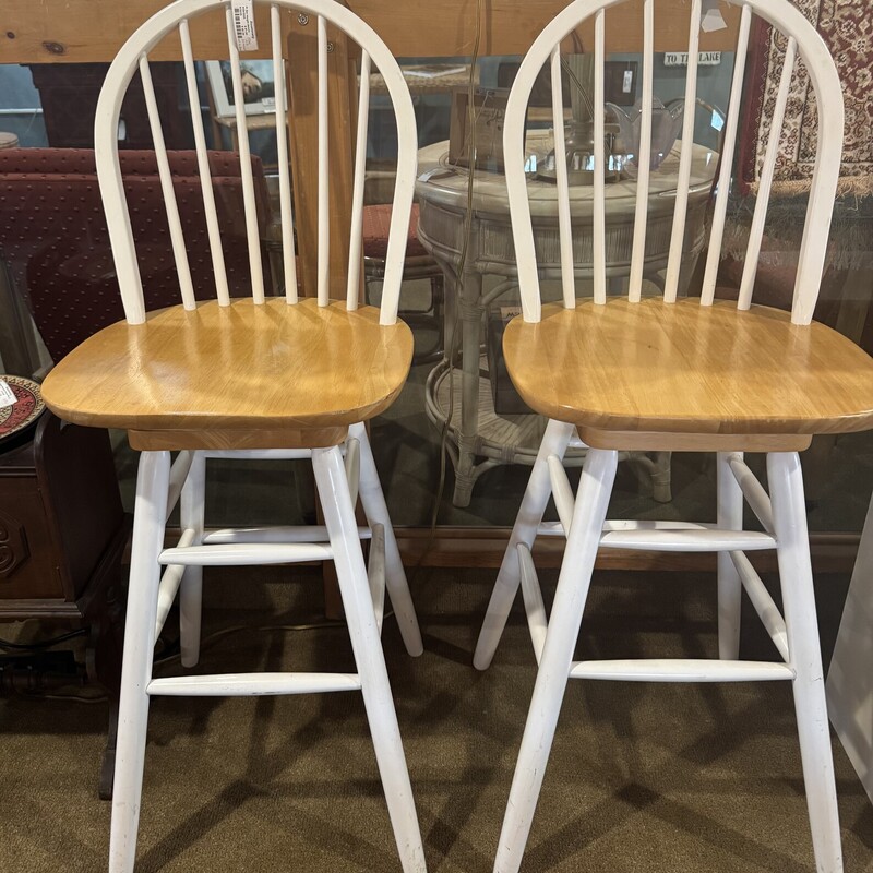 Pr Bar Height Stools
Wooden Swivel Seat, White Back with White Legs
17 Inches Wide, 18 Inches Deep, 30 Inches High to Seat, 47 Inches High to Top of Back