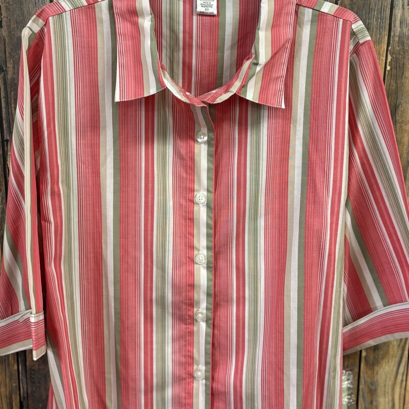 Pink & Tan Stripe Button Top, Size: 2X