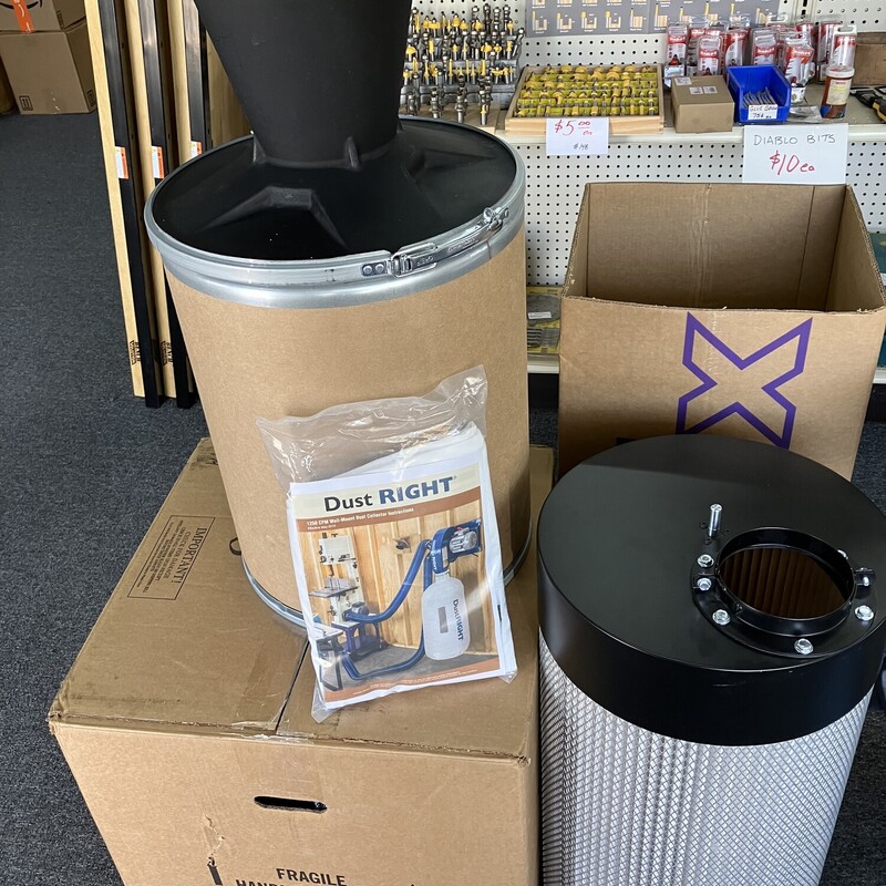 Dust Collection System,

Dust Rite 1250 CFM Wall Mount Dust Collector with Dust rite Canister Filter and Onieda Super Dust Deputy 4/5 Delux Cyclone Kit and hundreds worth of hoses, fittings, blast gates, elbows, adapters, unions etc

Total Value $1897