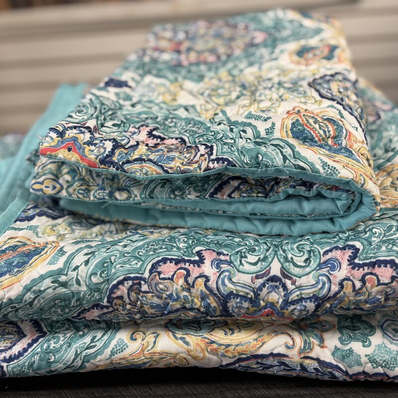Teal Paisley Quilt Comforter Set, Size: King