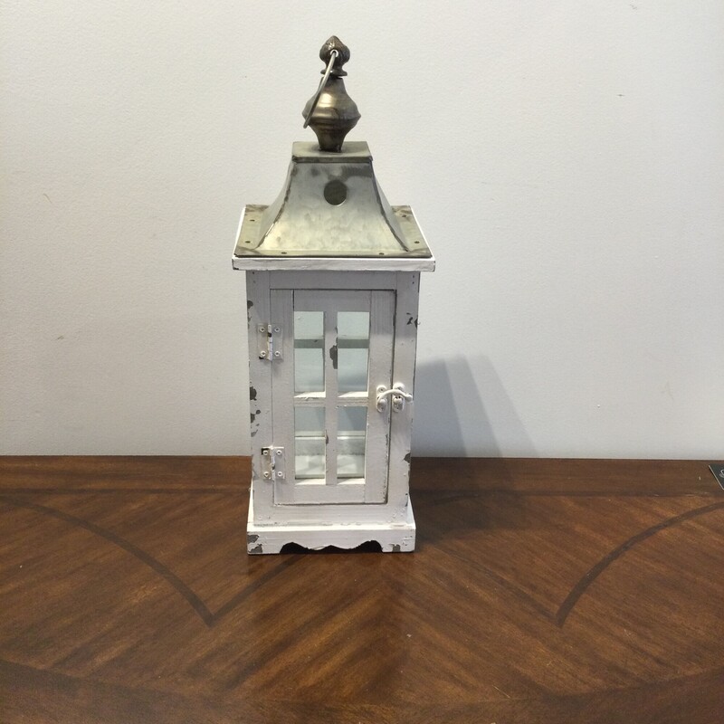 Lantern,
White/Gold,
Size: 19 X 7 X  7 In
