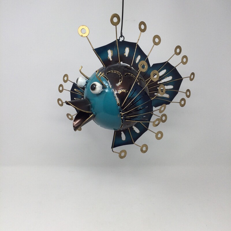 Puffer Fish Tealight Holder,
Blue/Aqua/Gold,
Size: 11 X 5 In