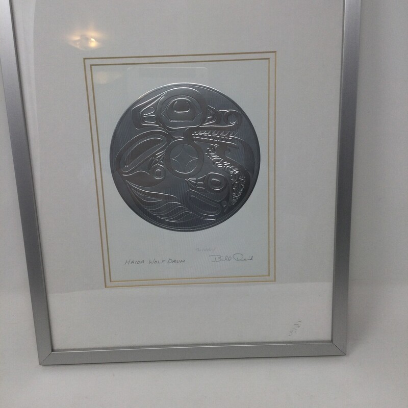 Framed Bill Reid Silver Embossed Art Work,
Silver/White,
Size: 13.5 X 11 In