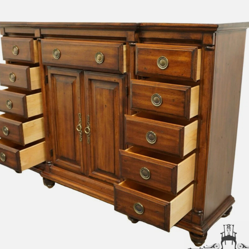 Harden Master Chest Dresser<br />
Brown Cherry Wood with Gold Hardware<br />
Size: 70 x 21 x 49H<br />
As Is-Normal Wear & Tear