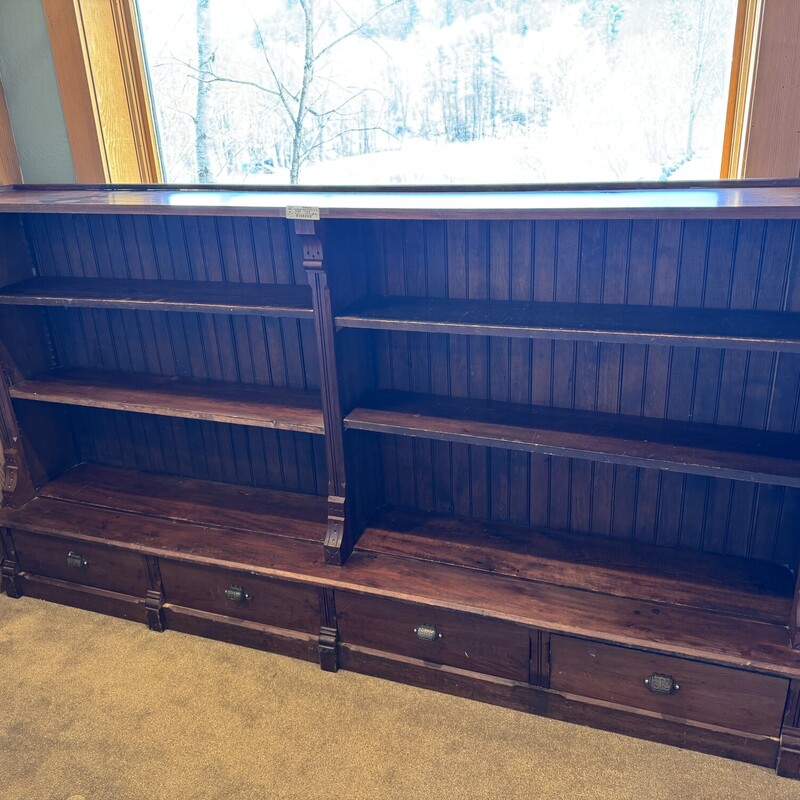Ant Wood Bookcase
6 Shelves, 4 Drawers, Vtg Drawer Pulls
 95 Inches Long, 18 Inches Deep, 50 Inches High