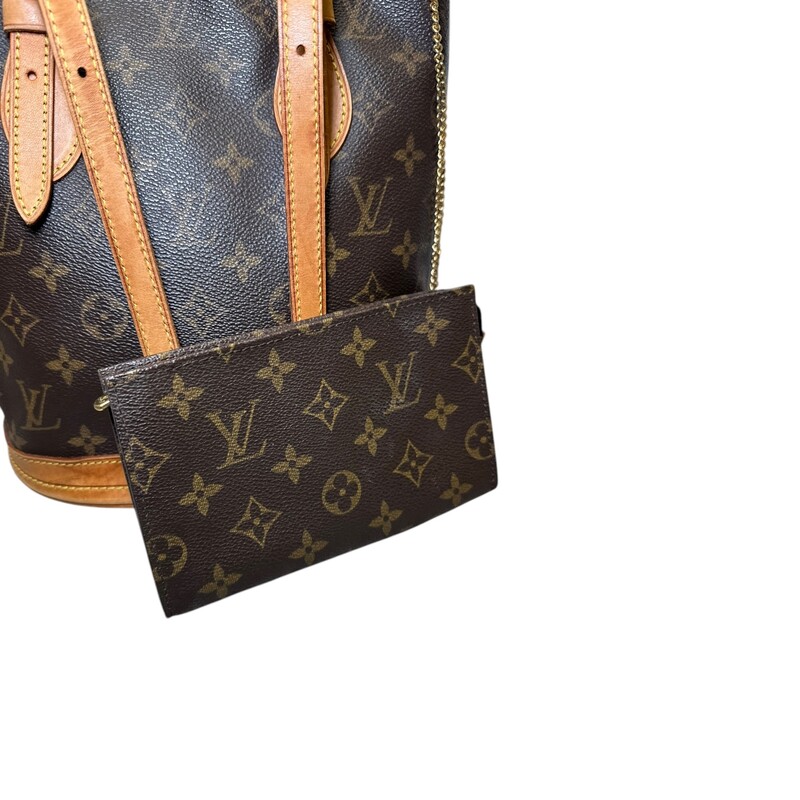 Louis Vuitton Petite  Bucket Monogram Bag with Pouch<br />
<br />
Date Code: VI0071<br />
<br />
Dimensions: 10H X 9L inches<br />
<br />
In good condition. Some wear and peeling inside the interior. Some water marks on the bottom leather.<br />
<br />
Does not come with original dust bag or box