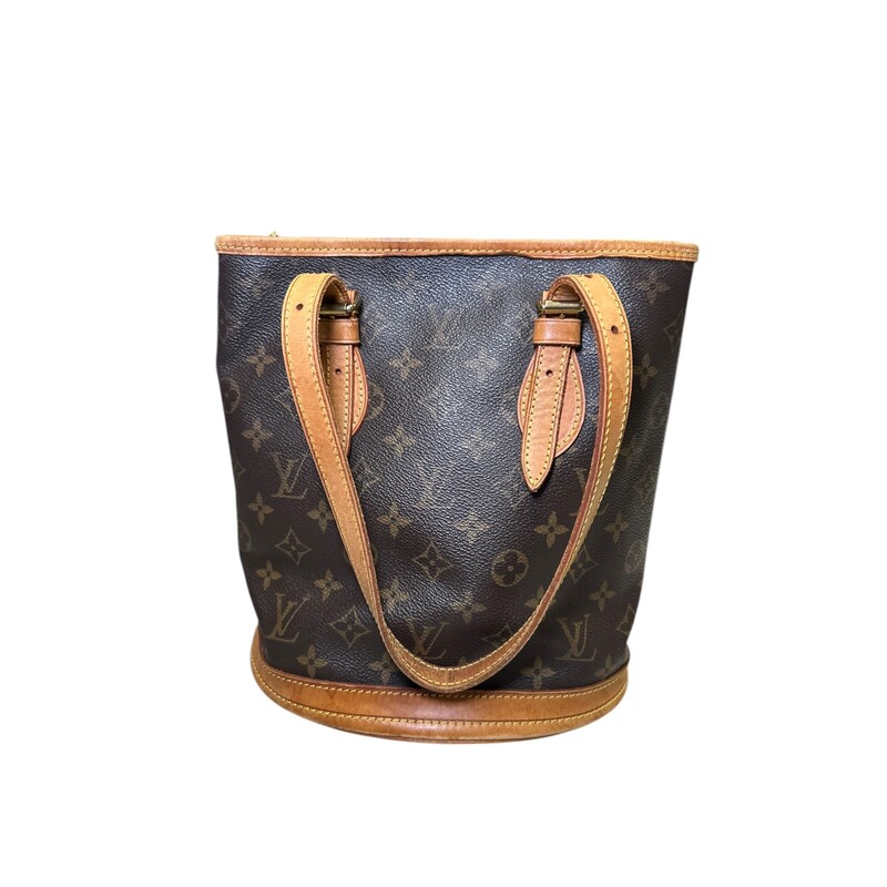 Louis Vuitton Petite  Bucket Monogram Bag with Pouch<br />
<br />
Date Code: VI0071<br />
<br />
Dimensions: 10H X 9L inches<br />
<br />
In good condition. Some wear and peeling inside the interior. Some water marks on the bottom leather.<br />
<br />
Does not come with original dust bag or box