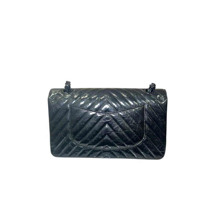 Chanel So Black Classic Double Flap Bag Chevron Crinkled Patent Medium<br />
<br />
Date Code: 26******<br />
<br />
Dimensions:<br />
10W x 6.5H x 2.5D<br />
9 handle drop<br />
16 strap drop<br />
<br />
In excellent condition. Light scuffs to the interior.<br />
<br />
Comes with the original dust bag and card. No box.