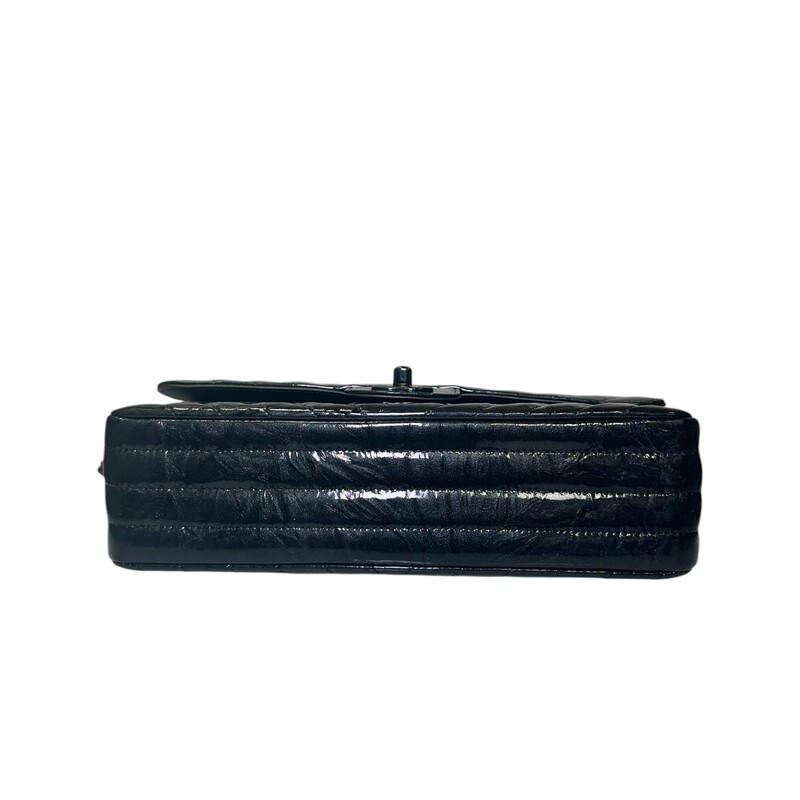 Chanel So Black Classic Double Flap Bag Chevron Crinkled Patent Medium<br />
<br />
Date Code: 26******<br />
<br />
Dimensions:<br />
10W x 6.5H x 2.5D<br />
9 handle drop<br />
16 strap drop<br />
<br />
In excellent condition. Light scuffs to the interior.<br />
<br />
Comes with the original dust bag and card. No box.