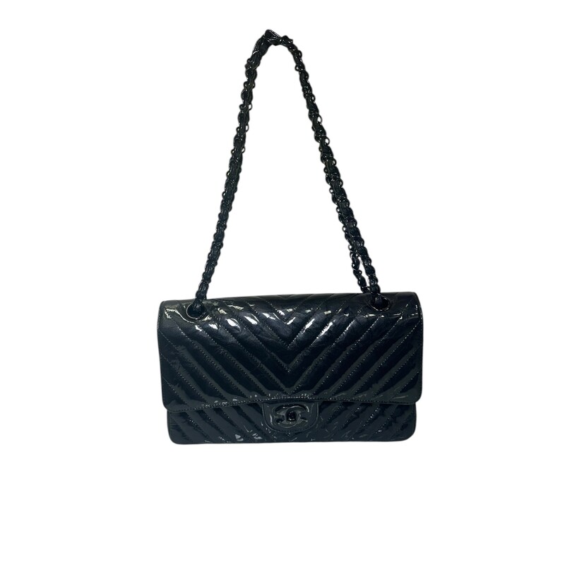 Chanel So Black Classic Double Flap Bag Chevron Crinkled Patent Medium<br />
<br />
Date Code: 26******<br />
<br />
Dimensions:<br />
10W x 6.5H x 2.5D<br />
9 handle drop<br />
16 strap drop<br />
<br />
In excellent condition. Light scuffs to the interior.<br />
<br />
Comes with the original dust bag and card. No box.