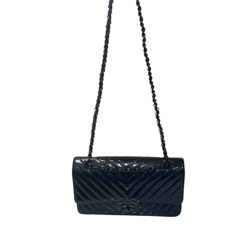 Chanel So Black Classic Double Flap Bag Chevron Crinkled Patent Medium<br />
<br />
Date Code: 26******<br />
<br />
Dimensions:<br />
10W x 6.5H x 2.5D<br />
9 handle drop<br />
16 strap drop<br />
<br />
In excellent condition. Light scuffs to the interior.<br />
<br />
Comes with the original dust bag and card. No box.