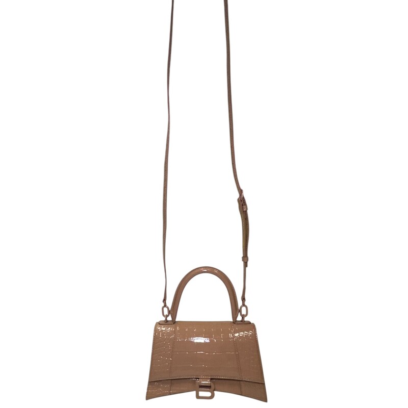 Balenciaga Hourglass Croc Monochrome Embossed Small Top Handle Nude Bag<br />
<br />
Code: 593546.9607.P.640167<br />
<br />
Dimensions:<br />
L9 x H5.9 x W3.9 inch<br />
<br />
In very good condition. Light color transfer on back. Otherwise in excellent condition.<br />
<br />
Does not come with the original dust bag and box.