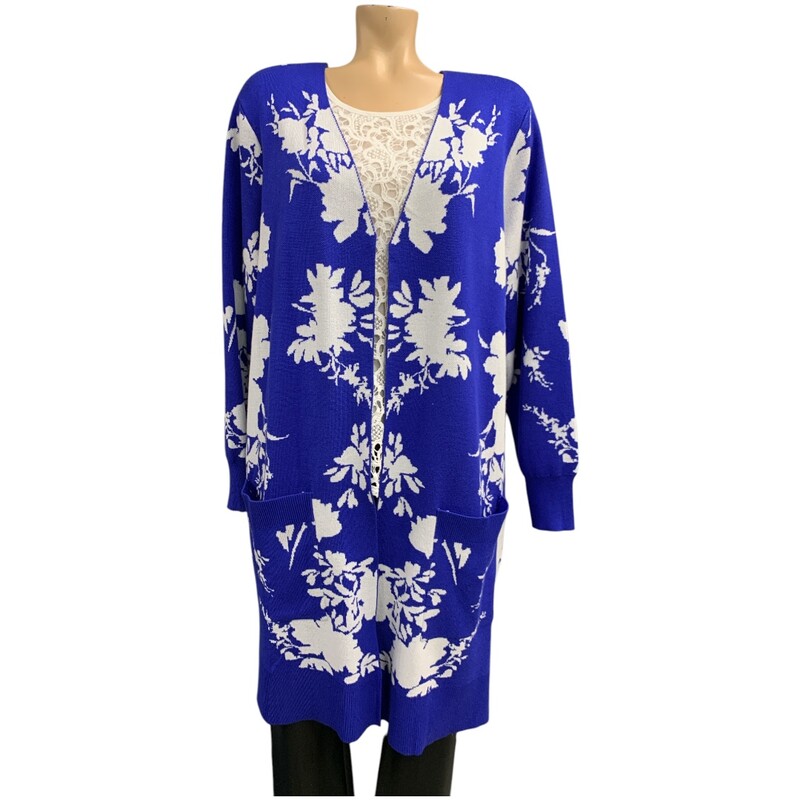 Nina Leonard Cardigan, Blue/whi, Size: 2X