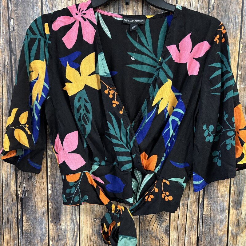 Black Floral Tie Front Sh, Size: M
