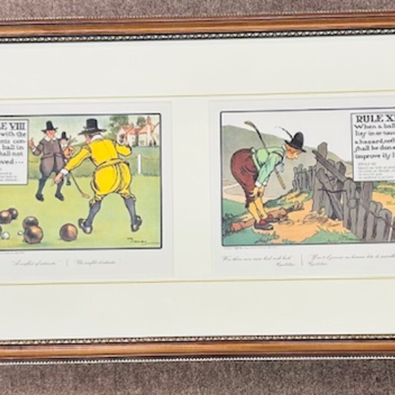 Vintage Rules Of Golf Print
Green Yellow Grey in Brown Frame
Size: 29x16H
Lithograph by Chas Crombie published by Perrier of France in 1905 as part of a British Comical Series of Golf