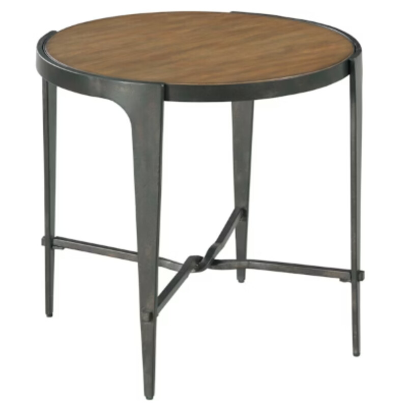 Hammary Round Accent Table<br />
Brown Wood with Solid Black Forged Iron Base<br />
Size: 24x23x23H<br />
Super Heavy<br />
Retail $788+<br />
As Is- Small Surface Blemish
