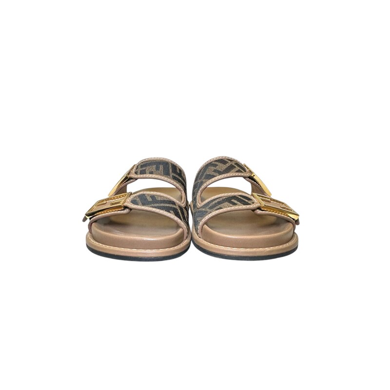 Fendi Jacquard Dual Buckle Sandals<br />
<br />
Size: 38<br />
<br />
In very good condition. Light scuff on the interior sole.<br />
<br />
Comes with the original dust bag and box.