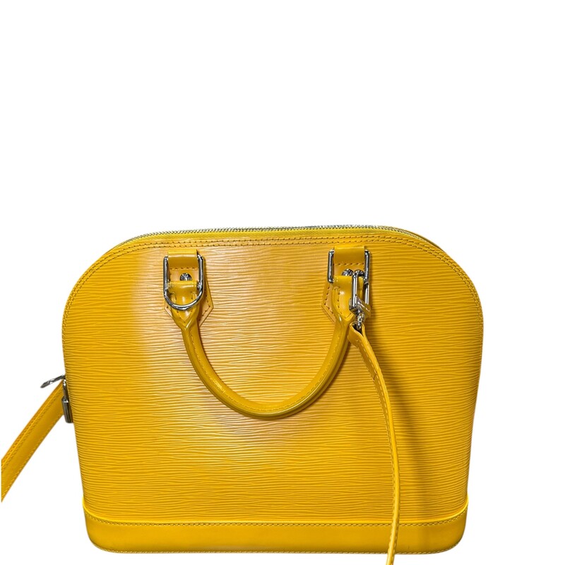 Louis Vuitton Alma Epi Yellow  Leather With long Strap<br />
<br />
Dimensions: 12 L x 9 H inches<br />
<br />
In very good condition. Some scuffs on the base of the bag. Some interior marks.<br />
<br />
Comes with original dust bag. No box.
