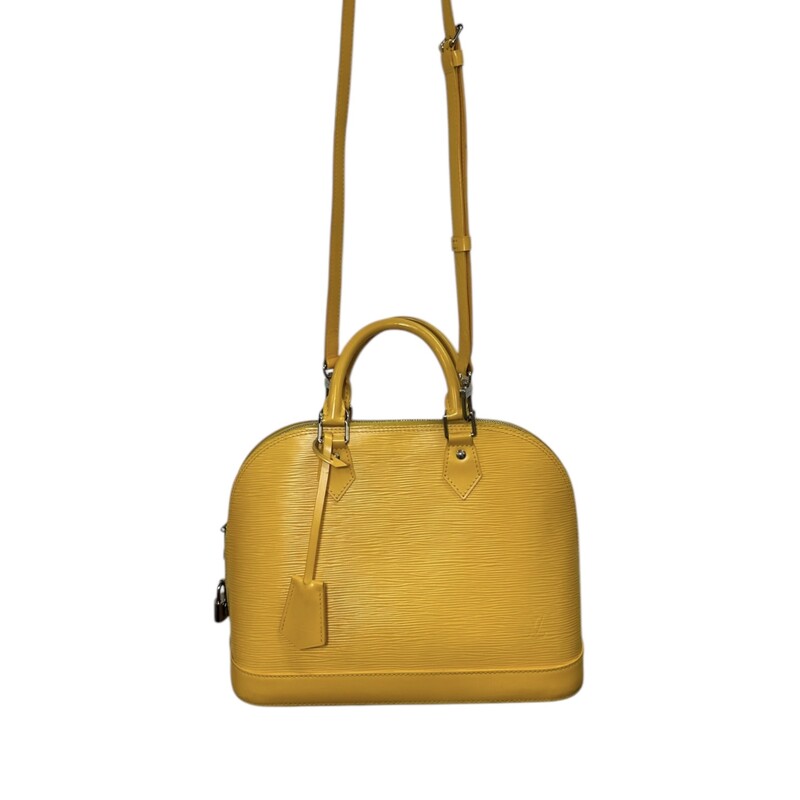 Louis Vuitton Alma Epi Yellow  Leather With long Strap<br />
<br />
Dimensions: 12 L x 9 H inches<br />
<br />
In very good condition. Some scuffs on the base of the bag. Some interior marks.<br />
<br />
Comes with original dust bag. No box.
