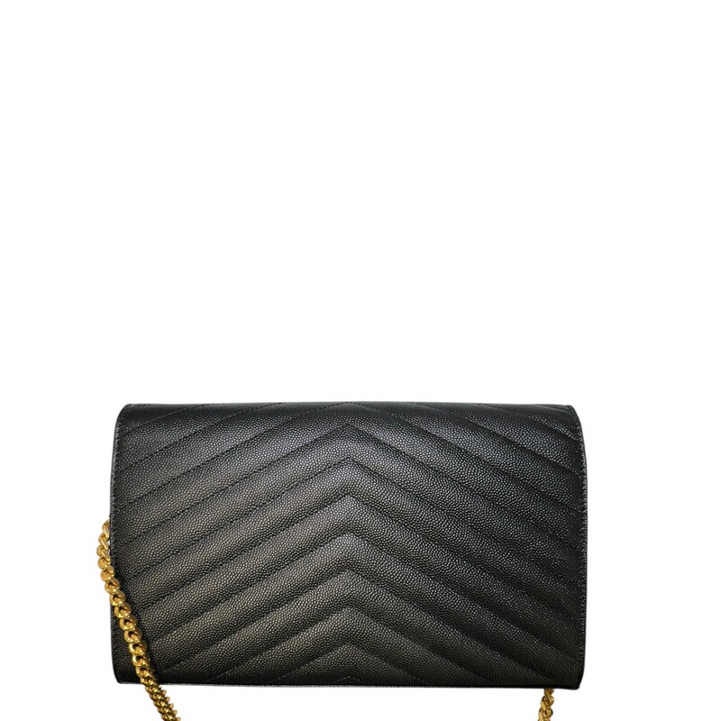 Saint Laurent  Cassandre Grained Wallet On A Chain<br />
<br />
Serial Code: NOV377828.1022<br />
<br />
Dimensions: 5.5H x 9W x 1.5D<br />
<br />
In very good condition. Light hardware scratches.<br />
<br />
Comes with the original dust bag and box.