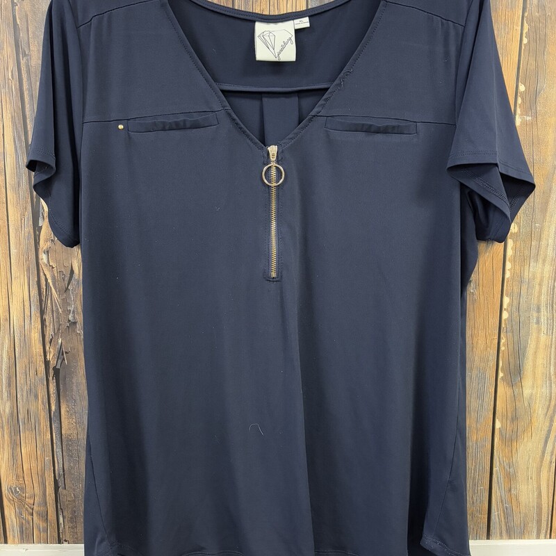 Blue Zipper Short Sleeve Top, Size: XL