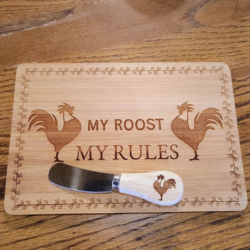 Roost Cheeseboard/Knife


My Roost My Rules cheesboard and knife set.

Size: 9 in X 6 in