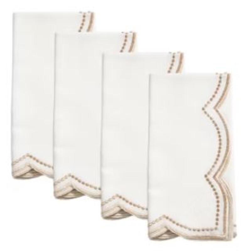 Set of 4 Saro Scallop Table Napkins
White Gold
Size: 20x20
Elevate your dining experience with these exquisite Embroidered Polka Dot Napkins! The playful polka dot pattern infuses whimsy into your gatherings, while the scalloped edges exude sophistication. Perfect for both casual brunches and formal dinners, these napkins are sure to impress your guests and elevate any occasion.
Material -Imported Linen, Cotton
Care - machine washable
Coordinating Napkins Sold Separately
NEW  Retail $49+
