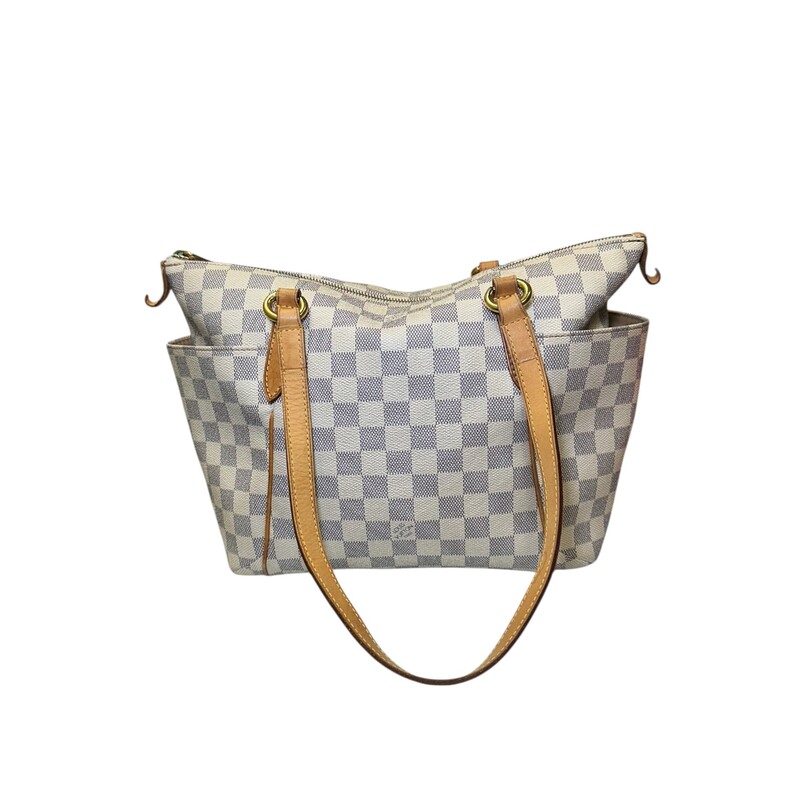 Louis Vuitton Totally PM Damier Azur<br />
<br />
Date Code: FL2190<br />
<br />
Dimensions:<br />
Base length: 11 in<br />
Height: 10.5 in<br />
Width: 5 in<br />
Drop: 8.5 in<br />
<br />
In very good condition. Light corner wear. Stains to the interior.<br />
<br />
Does not come with the original dust bag or box.