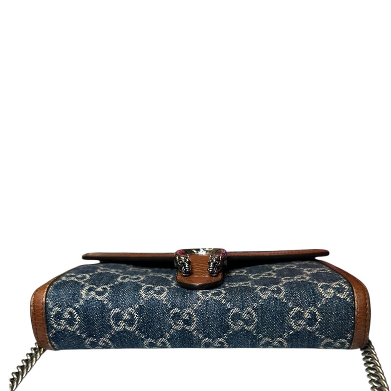 Gucci Denim Dionysus Mini WOC<br />
<br />
Style Number: 401231.2184<br />
<br />
Dimensions: 8 L x 6 H inches<br />
<br />
In very good condition. Some wear on the leather trim and some interior marks.<br />
<br />
Does not come with original dust bag or box.