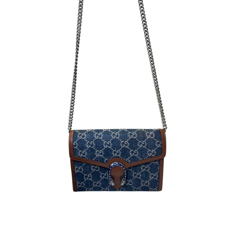 Gucci Denim Dionysus Mini WOC<br />
<br />
Style Number: 401231.2184<br />
<br />
Dimensions: 8 L x 6 H inches<br />
<br />
In very good condition. Some wear on the leather trim and some interior marks.<br />
<br />
Does not come with original dust bag or box.