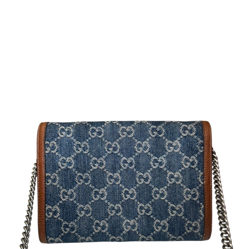 Gucci Denim Dionysus Mini WOC<br />
<br />
Style Number: 401231.2184<br />
<br />
Dimensions: 8 L x 6 H inches<br />
<br />
In very good condition. Some wear on the leather trim and some interior marks.<br />
<br />
Does not come with original dust bag or box.