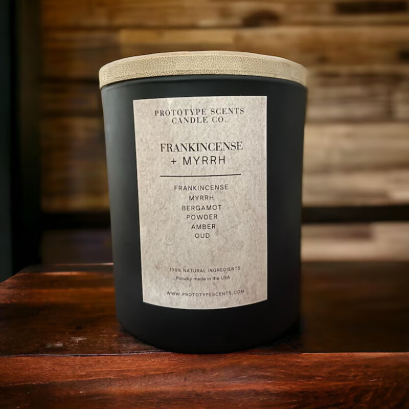 Prototype Scents Frankincense & Myrrh Candle
Black Glass Jar Tan Wood Lid
Size: 8 oz
Soy Based Handcrafted in Cleveland OH