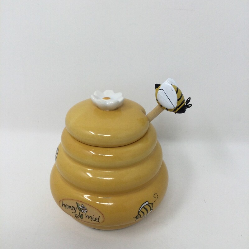 Honey Decanter,
Yellow/Black/White,
Size: 3.5 X 4 In