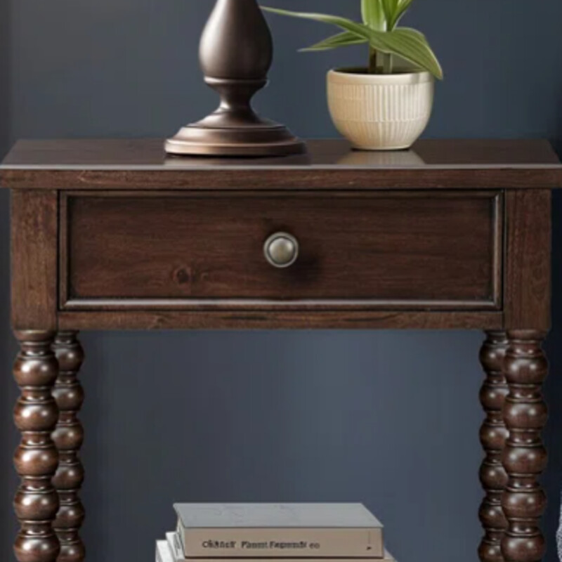 Wood With Spindle Legs
Dark Brown Wood
Size: 24x18x26H
NEW